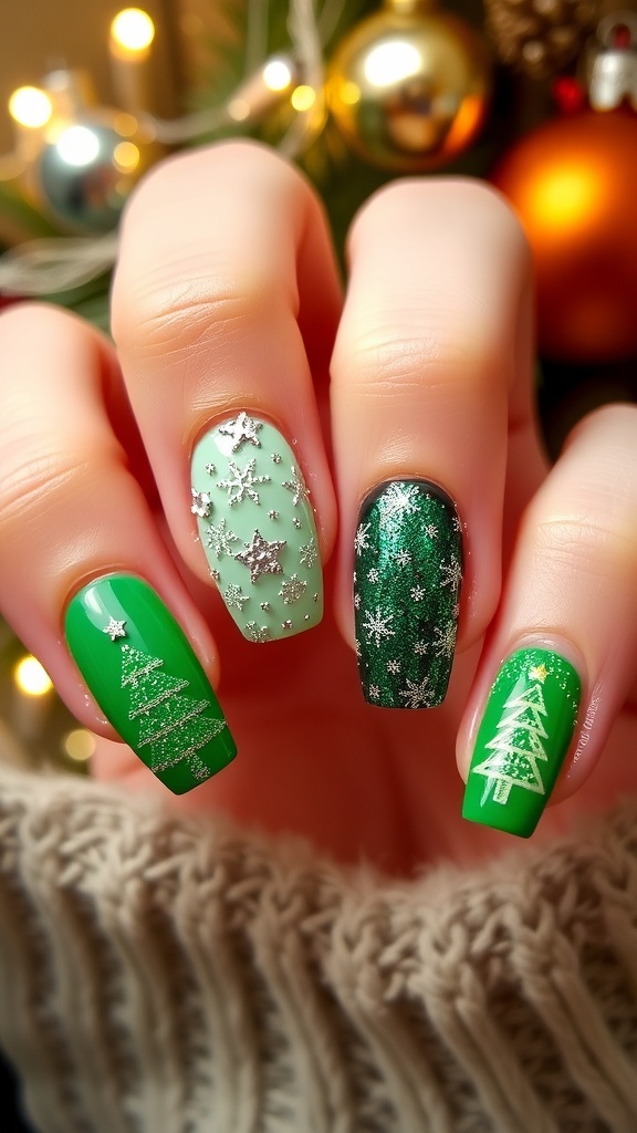 Festive green Christmas nails with glitter and holiday patterns on a decorative background.